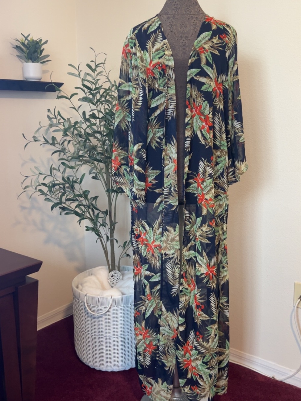 Fashion Nova Navy Tropical Floral Long Kimono Cover Up